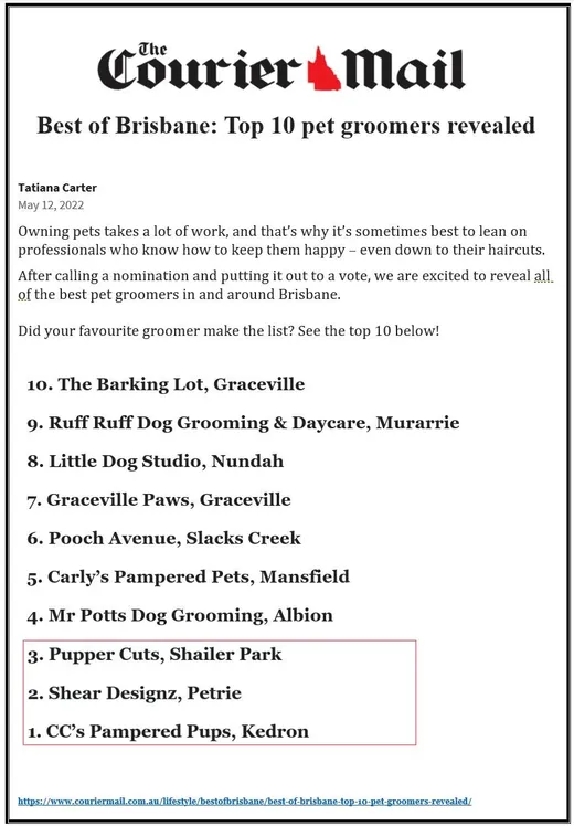 The Courier-Mail: Best of Brisbane, Top 10 pet groomers, with PupperCuts at number 3